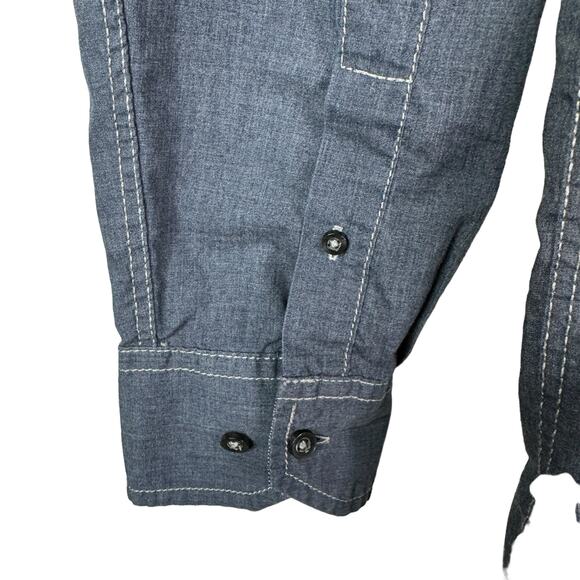 Michael Brandon Chambray Button Up Shirt Roll Tab Sleeves Blue L - Picture 5 of 8